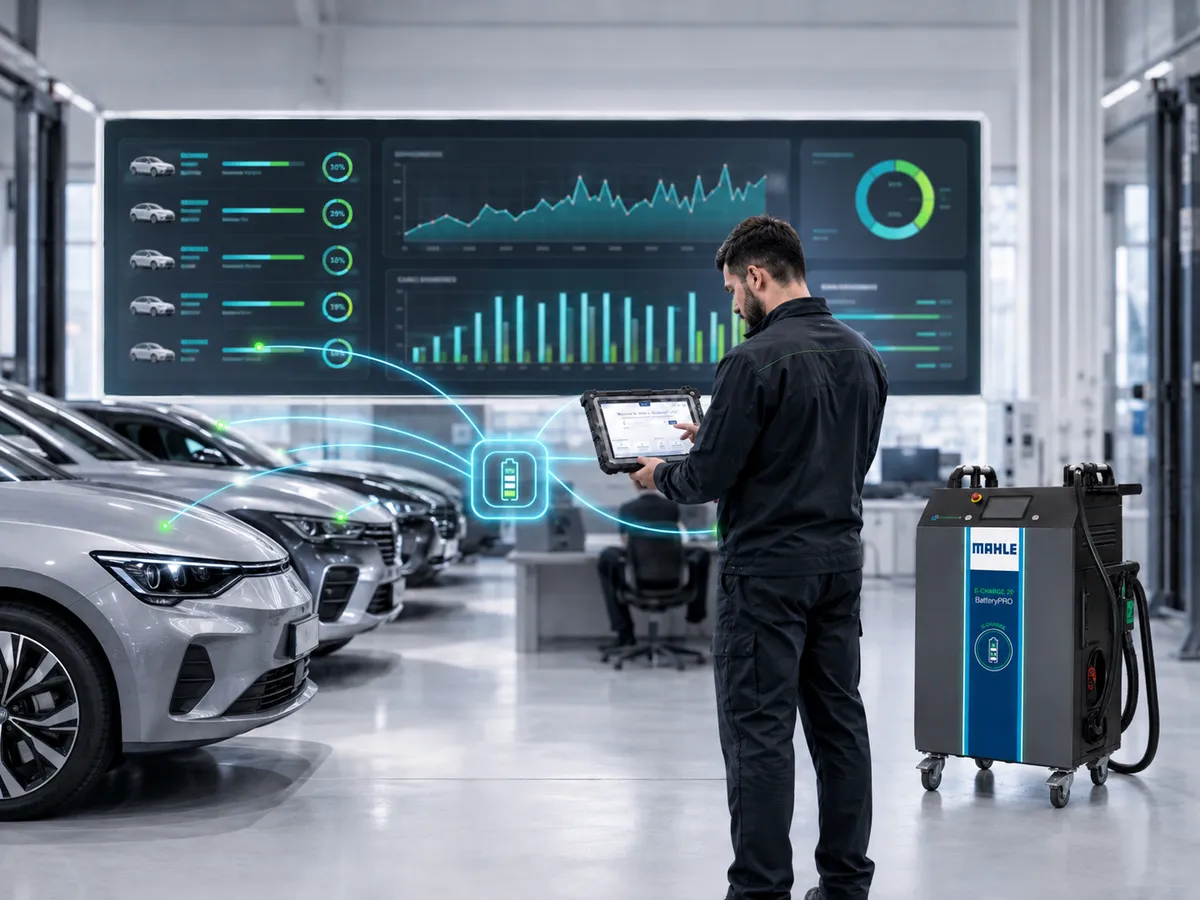 Sıra hâlinde park etmiş elektrikli araçlar ve arkalarındaki büyük ekranda filo geneli batarya sağlığı panosu; önde teknisyen tabletle çalışıyor.