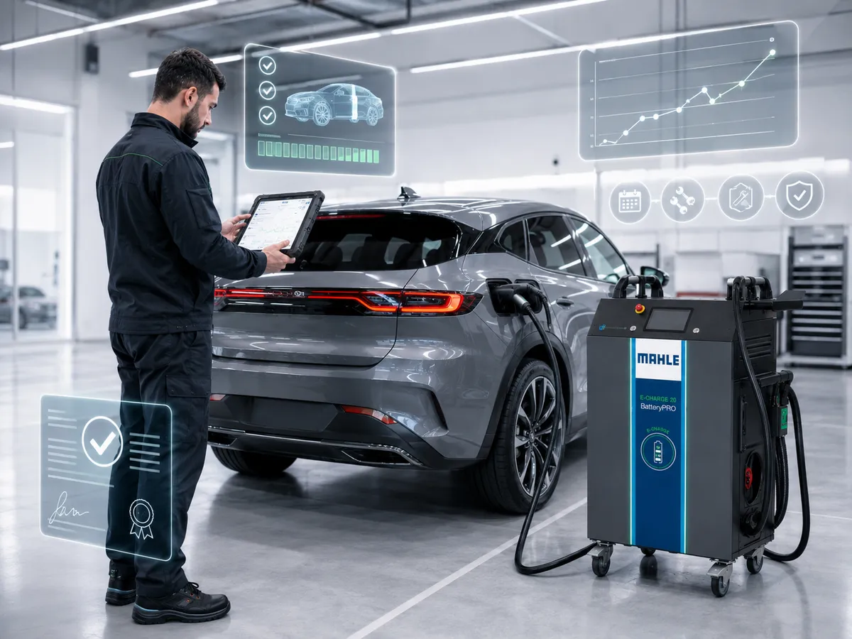 Teknisyen, satışa hazırlanan gri bir elektrikli aracın ölçümünü tabletten okuyor; yanında E-CHARGE 20 duruyor.