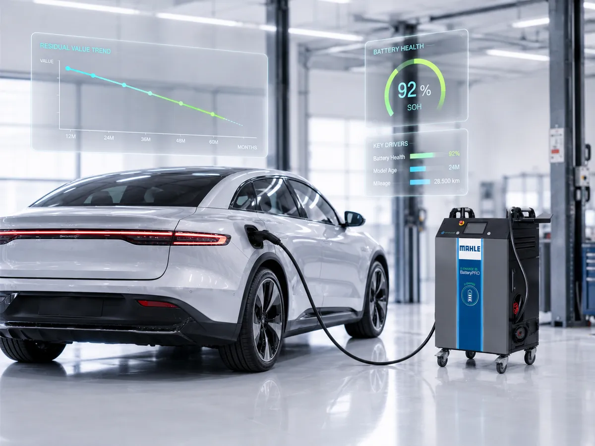 Şarj kablosu takılı gri bir elektrikli aracın yanında E-CHARGE 20 duruyor; üstünde batarya sağlığı ve kalıntı değer göstergeleri beliriyor.