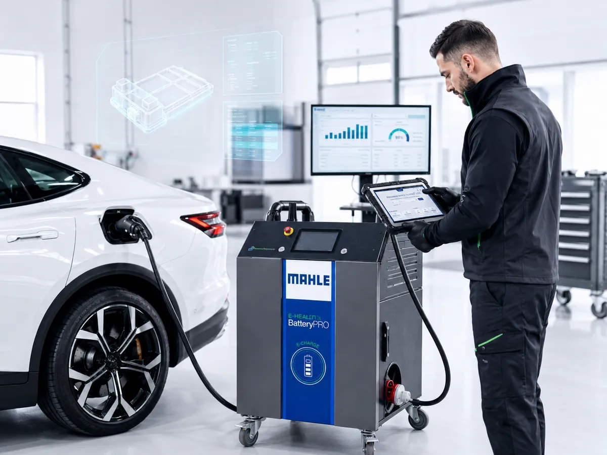 E-CHARGE 20 cihazı beyaz bir elektrikli araca bağlı; teknisyen tabletten okurken arkasındaki ekranda batarya analizi görünüyor.