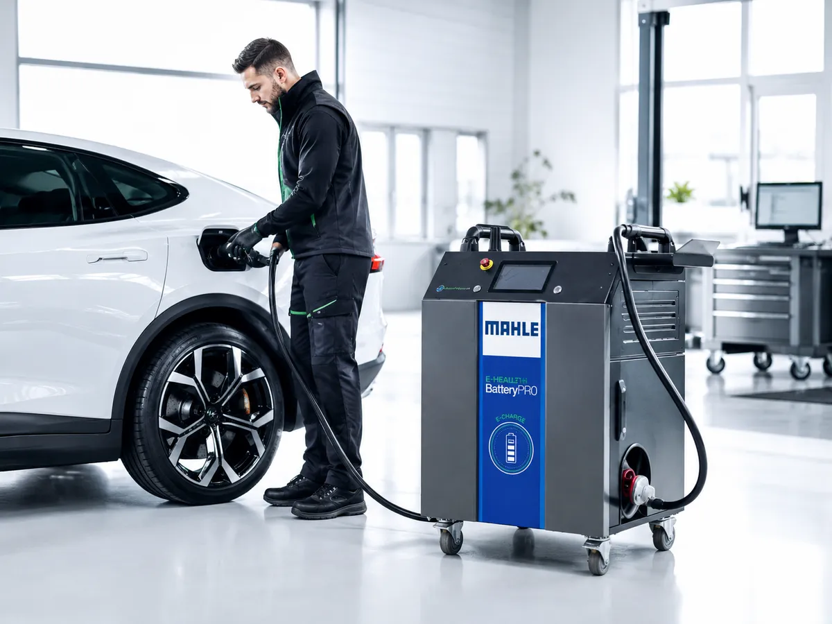 Teknisyen, beyaz bir elektrikli aracın şarj soketine E-CHARGE 20'nin kablosunu takıyor.